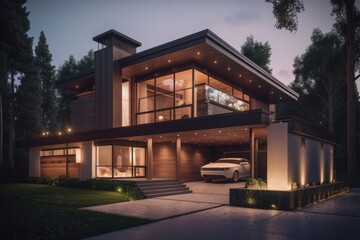Very modern luxury house with car port. High quality generative ai