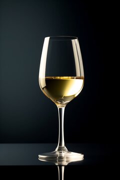 Glass of White Wine Reflecting off of Table, Black background