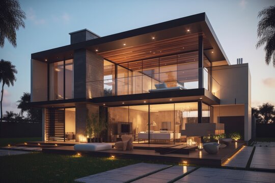 Very modern luxury house, evening. High quality generative ai