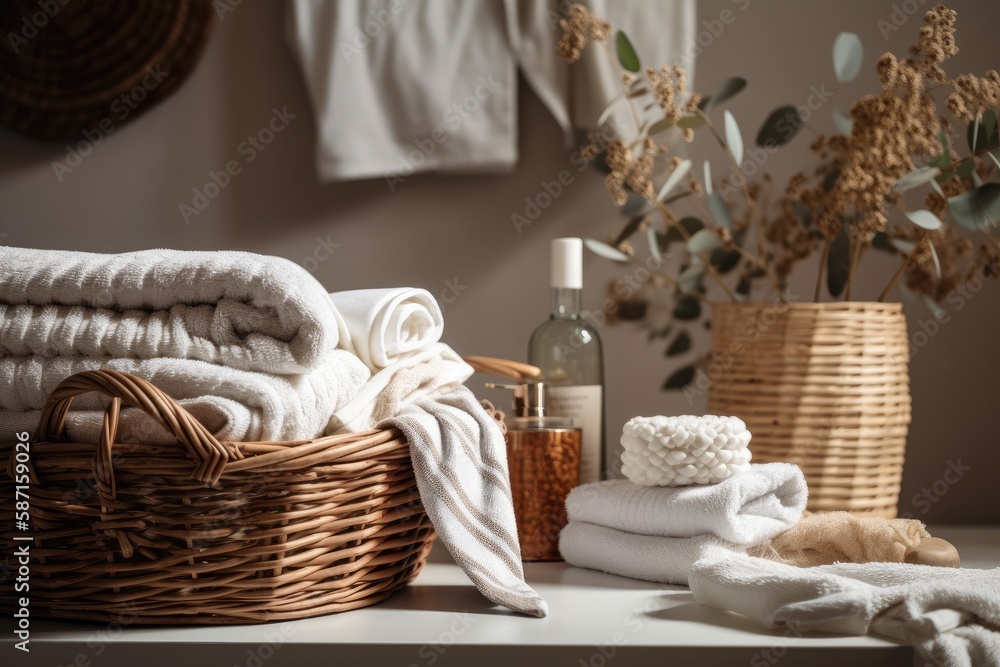 Poster towels and other household items are stored in a stack of white wicker baskets on a bathroom shelf. 
