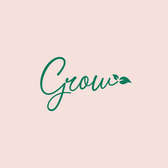 Green cursive word grow with small leaf on pink background