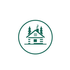 Log cabin icon with trees and smoke isolated on white background