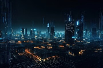 vibrant and illuminated metropolis at night with futuristic architecture and flying vehicles. Generative AI