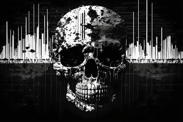 Black and white test Screen Glitch Texture with a glitched skull and sound wave. Pixel design for game and music. 
Generative AI. 