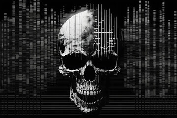 Black and white test Screen Glitch Texture with a glitched skull and sound wave. Pixel design for game and music. 
Generative AI. 