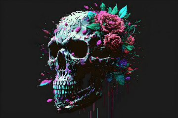 Test Screen Glitch Texture with a glitched skull and roses Pixel design for game and music. 
Generative AI. 