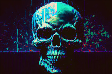 Test Screen Glitch Texture with a glitched skull and sound wave. Pixel design for game and music. 
Generative AI. 