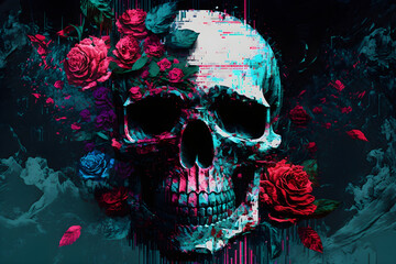 Test Screen Glitch Texture with a glitched skull and love. Pixel design for game and music. 
Generative AI. 