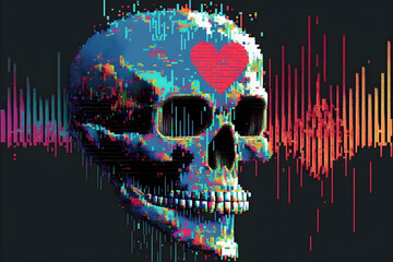 Test Screen Glitch Texture with a glitched skull and love. Pixel design for game and music. 
Generative AI. 
