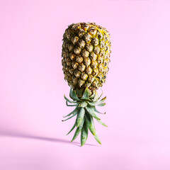 Inverted pineapple stands on a purple background with a copy of the space.