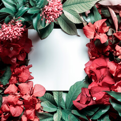 Creative floral layout of tropical flowers and plants with a white note for text.