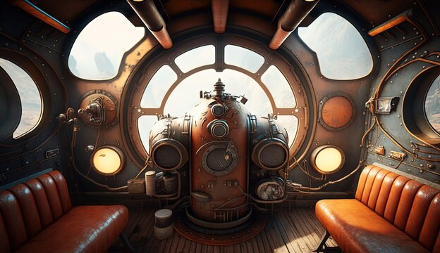 Spaceship cockpit interior, with a steampunk generative ai