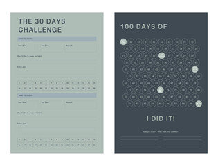  30 and 100 days challenge Planner. inimalist planner template set. Vector illustration.	 