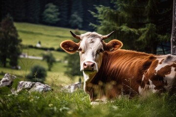 Obraz premium Bavaria's gorgeous farm has a cow. Generative AI
