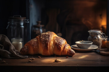 Fresh croissant bread on a wooden plate, famous food in France in the professional background with butter and honey,  generative AI.