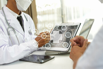 Medical Healthcare Research and Development Concept. doctor hand using medical interface icon