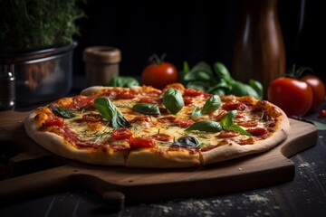 Obraz na płótnie Canvas pizza with basil and vegetables on cutting board