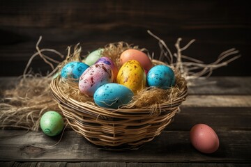 Fototapeta na wymiar colorful Easter basket filled with eggs on a rustic wooden table. Generative AI