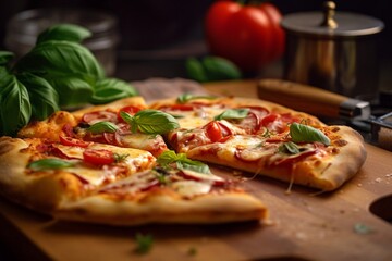 pizza with basil and vegetables on cutting board