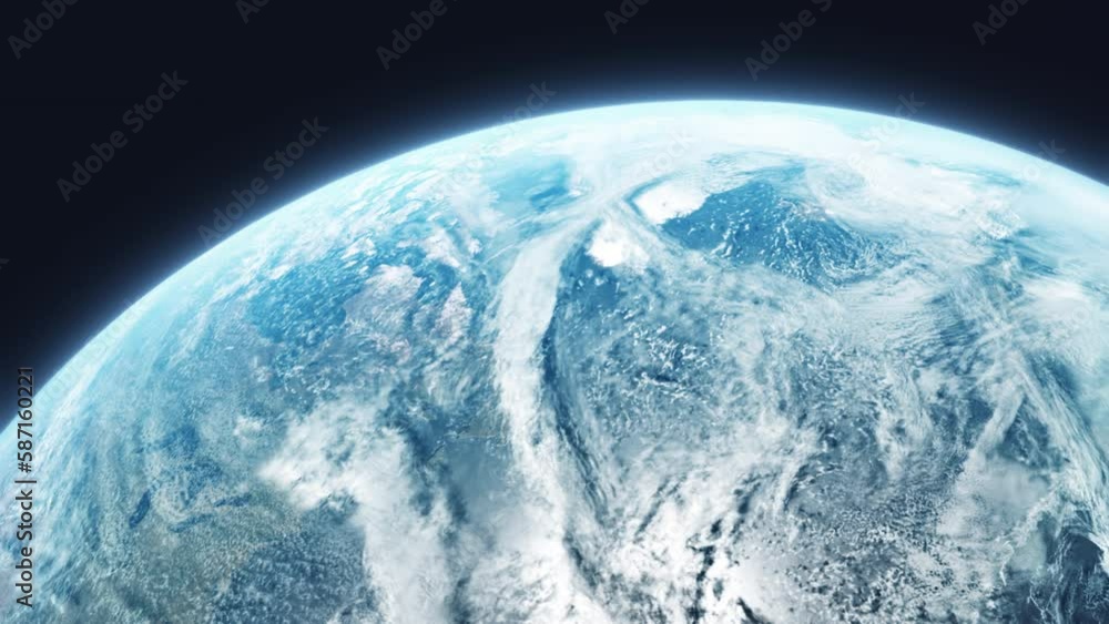 Poster planet earth from space as camera pans from left to right with dynamic clouds and atmosphere - 3d cg
