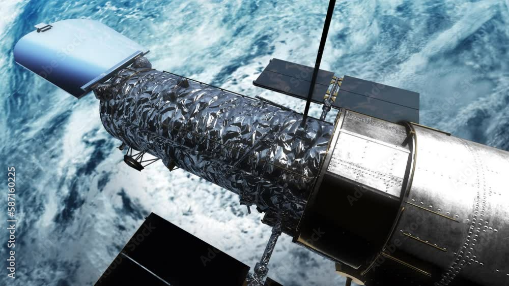 Wall mural hubble space telescope static wide action camera style shot above planet earth - realistic 3d cgi an