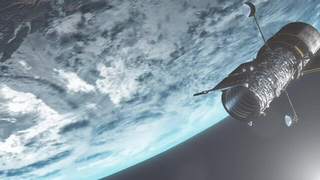 Hubble Space Telescope Above Planet Earth Atmosphere with Strong Sun Flare with Lens Artefacts Aligning to Take Pictures of the Galaxy - Realistic 3D CGI Animation 4K