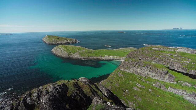 Rocky Cliffs On The Beach Of Lovund Island In Nordland, Norway. Wide Shot