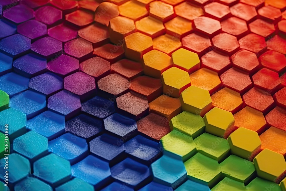 Aufkleber close up view of a vibrant rainbow-colored hexagonal pattern. generative ai