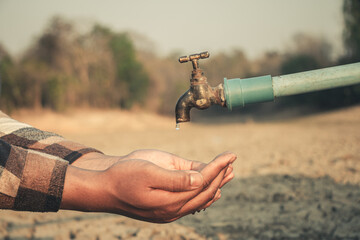 Hand for drinking water to live through drought, Concept drought and crisis environment. - obrazy, fototapety, plakaty