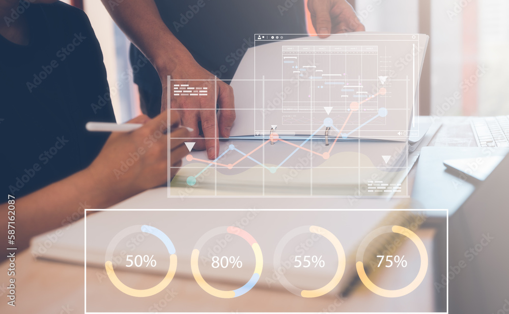 Poster analyst discussion on data charts, analyst working with business analytics and data management syste