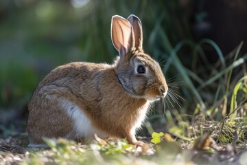 A adorable, plump brown rabbit eating some food in the sun is shown up close. Generative AI