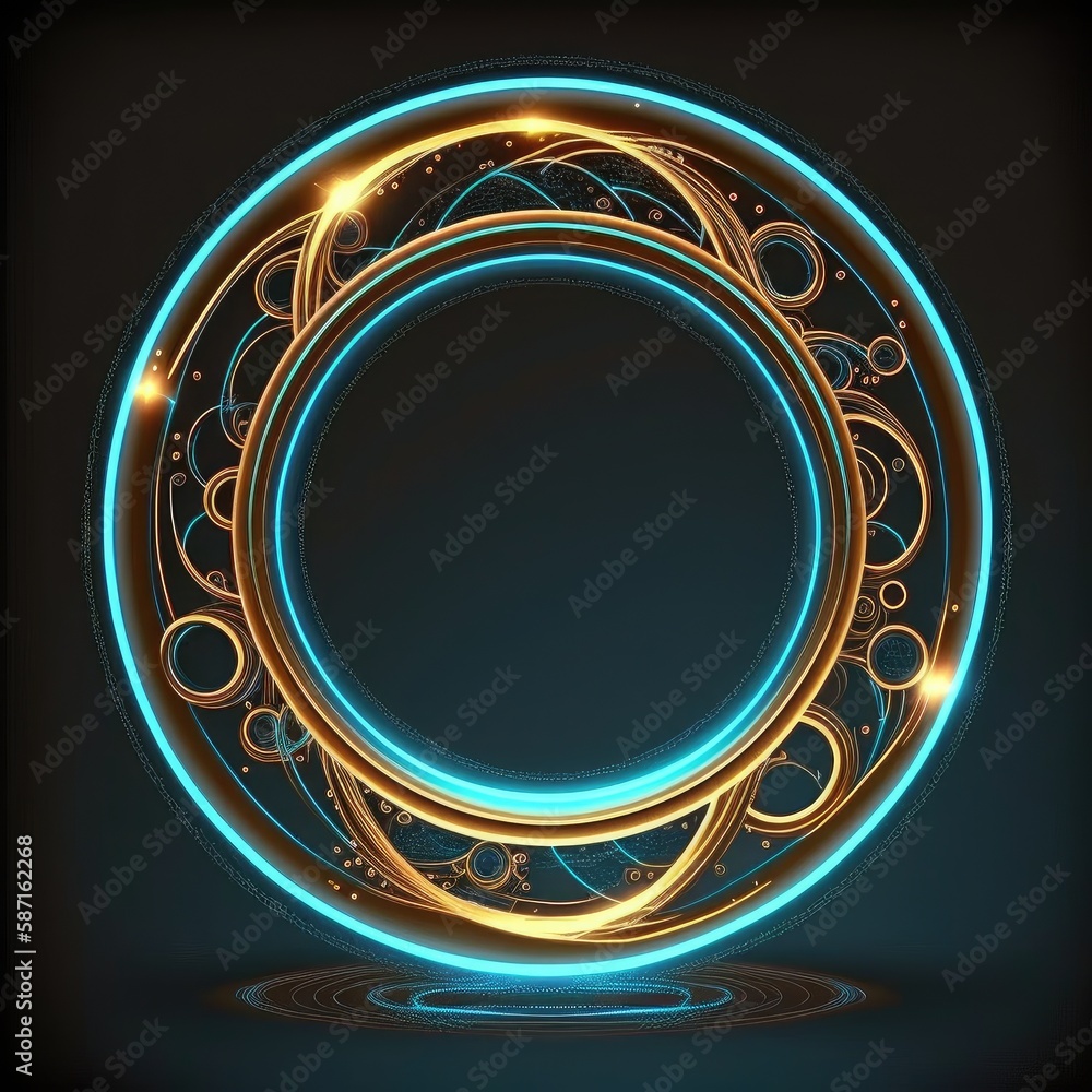 Poster abstract art of glowing fantasy golden and blue multi striped circle frame with vivid in chevrons ga