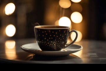 Close-up of Coffee Cup on Restaurant Table with Bokeh Lights in the Background