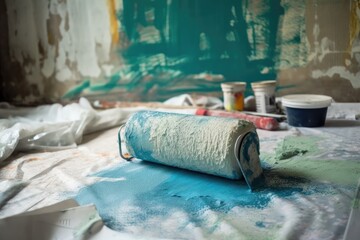 Paint roller painting interior design blueprint drawing backdrop as boho bedroom becomes actual. Concept, architect designer creative process,. Generative AI