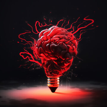 Light Bulb Red Brain. Stress, Burn Out, and Emotional Conceptual. Generative AI. 