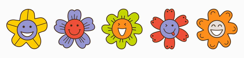 Smiling flower, abstract personage, mascot design, funny face, cute icon.