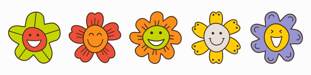 Smiling flower, abstract personage, mascot design, funny face, cute icon.