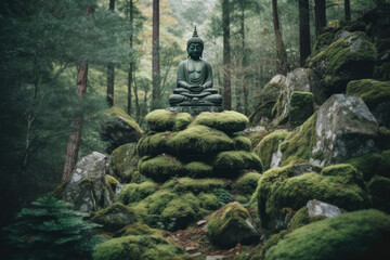 Fototapeta na wymiar Green golden Buddha statue sits on the rock pile among forest trees. Mystical forest landscape with traditional japanese pagoda. Zen landscape. Japanese temple in the forest, generative AI