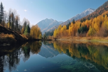 Naklejka na ściany i meble Mountain panorama of a beautiful alpine autumn view with reflections in a lake. Mountain landscape, lake and mountain range, large panorama, generative AI