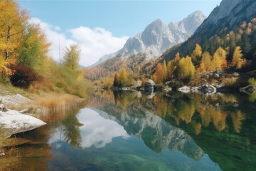 Naklejka premium Mountain panorama of a beautiful alpine autumn view with reflections in a lake. Mountain landscape, lake and mountain range, large panorama, generative AI