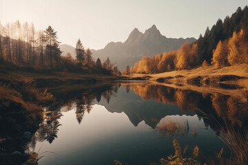 Fototapeta na wymiar Mountain panorama of a beautiful alpine autumn view with reflections in a lake. Mountain landscape, lake and mountain range, large panorama, generative AI