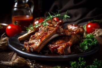 grilled pork ribs with vegetables on a plate