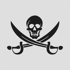 Skull over crossed sabers. Jolly Roger, flag, pirate symbol. Black mark, corsairs. Caribbean Sea. Concept danger, freedom and contempt for death. Flat, Cartoon triangles style. Vector illustration.