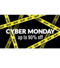 Sale on Cyber monday. Banner, poster, logo in color on a dark background. White, yellow and black colors. Intersecting Signal Yellow Tapes. vector illustration.