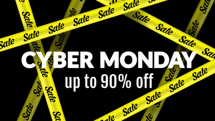 Sale on Cyber monday. Banner, poster, logo in color on a dark background. White, yellow and black colors. Intersecting Signal Yellow Tapes. vector illustration.      