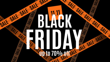 Sale on Black Friday. Banner, poster, logo in color on a dark background. White, yellow and black colors. Intersecting Signal Orange Tapes. vector illustration.