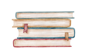 Stack of books. Hand drawn literature for reading and study. Watercolor illustration isolated on white background.