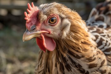 Here is a picture of Scarlett, my pet chicken. She is a fantastic chicken model who enjoys posing for the camera and munching on worm nibbles. She enjoys looking out at our lovely farm. Generative AI