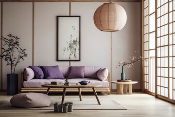 White and purple Japanese living room with copy space. Sofa and hanging chair. Wabi sabi decor,. Generative AI