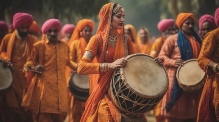 The Heartwarming Smiles of Vaisakhi: Celebrating India's Rich Culture, Dhol Drums and Dancing Feet, GENERATIVE AI - obrazy, fototapety, plakaty